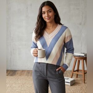 V-Neck Sweater with Blue and Cream Chevron Pattern